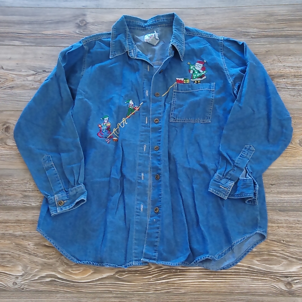 Blue Jean Style Button Down Front Long Sleeve Embroidered Christmas Top